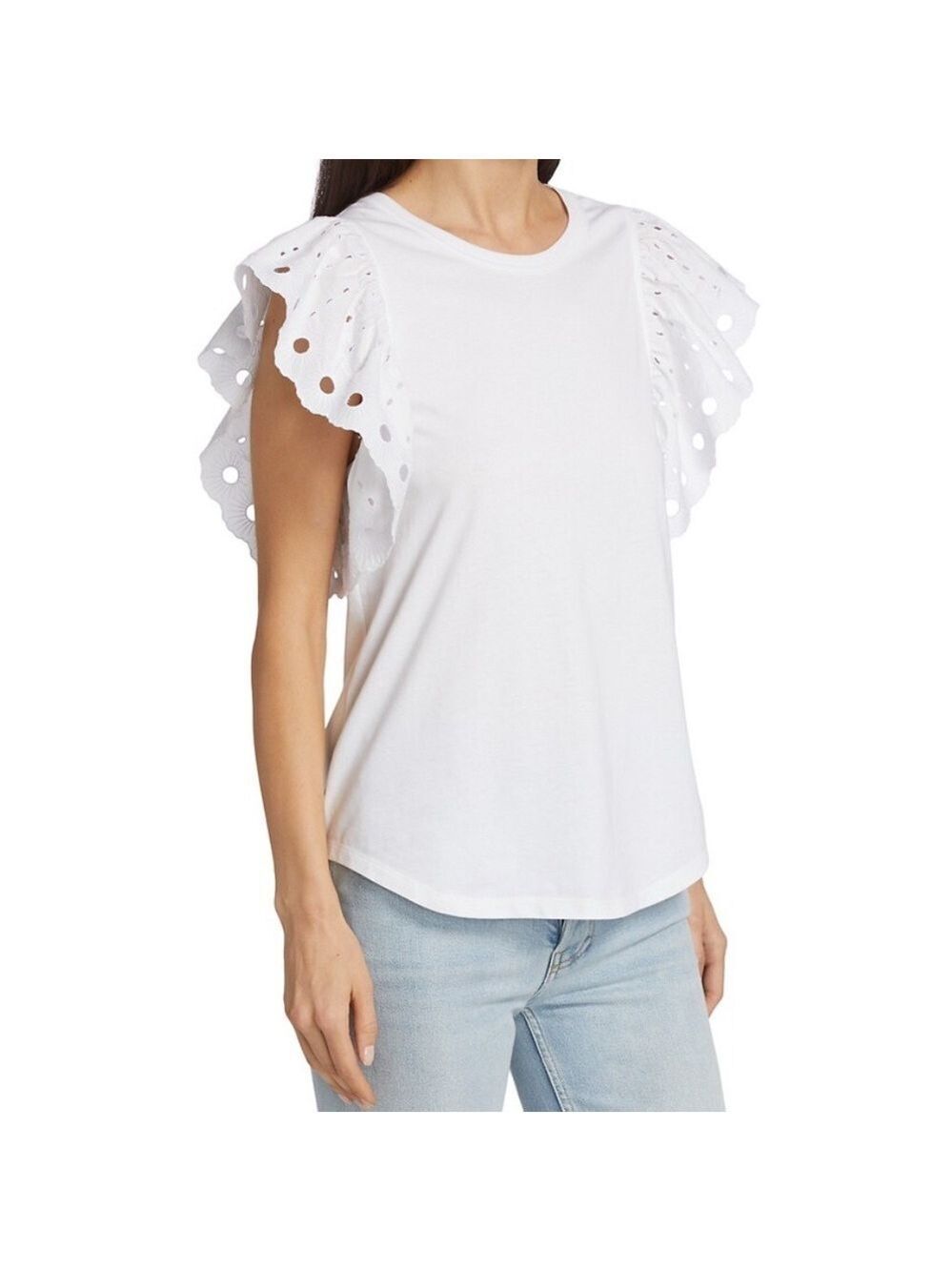 See By Chloe Eyelet Flutter Sleeve Tee Shirt SZ XL White